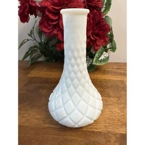 Vintage‎ Milk Glass Vase Diamond Quilt Bulb Shape White MCM Wedding Decor